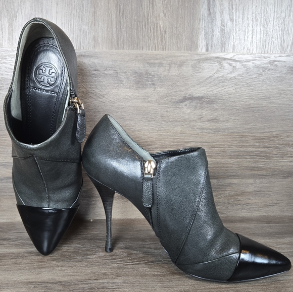 Tory Burch Lorelei Charcoal Gray Black Leather Point Toe Ankle Boot Bootie Sz 7M - Picture 14 of 16